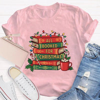 Comfy Bookworm Holiday Reading Shirt, All Booked for Christmas T-Shirt, Bookish Christmas Tree Graphic Tee, Book Lover Christmas T-Shirt
