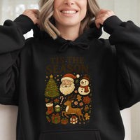 Retro Santa and Snowman Hoodie, Tis the Season Christmas Hoodie, Vintage Holiday Graphic Hooded Sweatshirt, Comfy Winter Pullover, Xmas Present