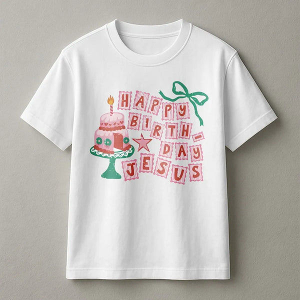Christmas Cake Graphic Tee, Happy Birthday Jesus T-Shirt, Adorable Religious Christmas Shirt, Christian Faith Holiday T-Shirt