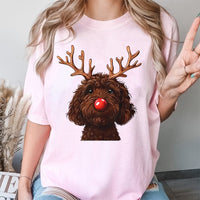 Humorous Holiday Dog Shirt, Chocolate Doodle Reindeer T-Shirt, Labradoodle Christmas Tee, Adorable Pet Lover Graphic T-Shirt, Doodle Mom Present