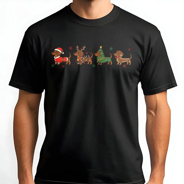 Festive Weiner Dog Holiday Tee, Christmas Dachshund T-Shirt, Adorable Doxie Graphic Shirt, Retro Xmas Puppy T-Shirt, Dog Love