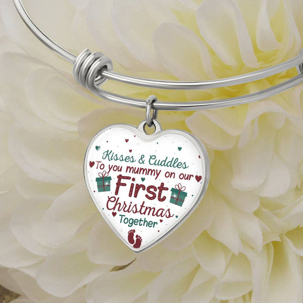 Mummy Keepsake Bracelet, First Christmas Heart Bangle, Silver Tone New Mom Charm Bracelet, Holiday Season Keepsake Present fo