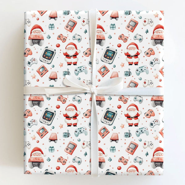 Retro Gaming Santa Gift Wrap, Gamer Christmas Wrapping Paper, Video Game Controller Wrapping Paper, Holiday Gamer Gift Wrap, 