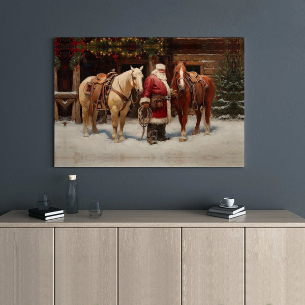 Cowboy Santa Claus with Horses Canvas Print, Western Santa Canvas Wall Art, Rustic Holiday Christmas Canvas Decor, Country Xm