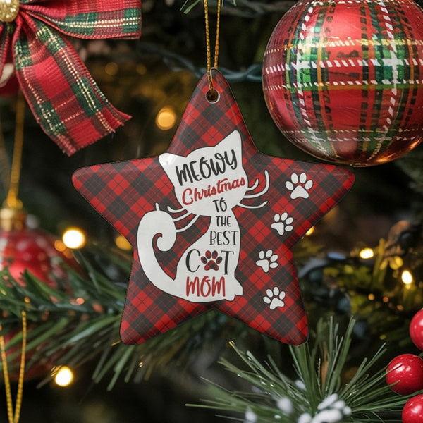 Red Buffalo Plaid Cat Lover Star Keepsake, Meowy Christmas Cat Mom Star Ornament, Ceramic Holiday Star Decor, Xmas Tree Star 