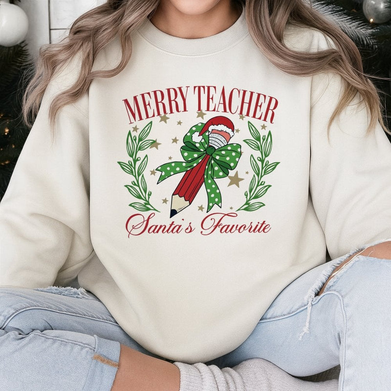 Santa's Favorite Pencil Holiday Crewneck, Merry Teacher Sweatshirt, Adorable Christmas Teacher Sweater, School Staff Pullover, Educator Present