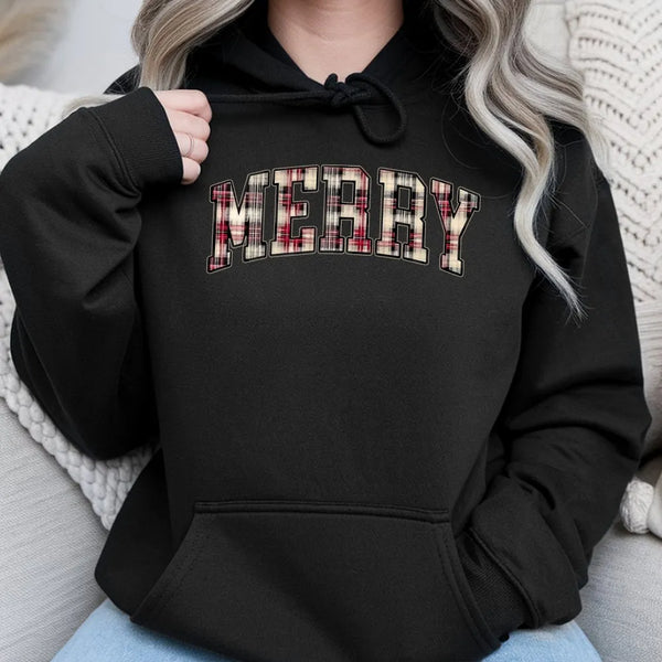 Plaid Varsity Lettering Christmas Hoodie, Merry Christmas Hoodie, Retro Holiday Hoodie, Comfy Winter Graphic Sweatshirt, Pres