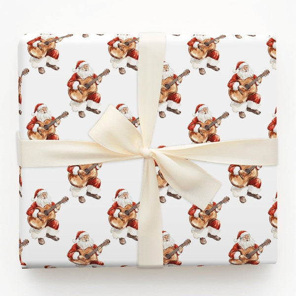 Music Christmas Gift Wrap, Acoustic Guitar Santa Wrapping Paper, Guitar Santa Holiday Wrapping Paper