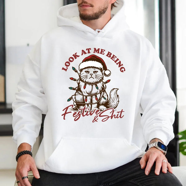 Sarcastic Kitten Holiday Hoodie, Humorous Grumpy Cat Christmas Hoodie, Adorable Cat Lover Xmas Hoodie, Winter Animal Graphic 