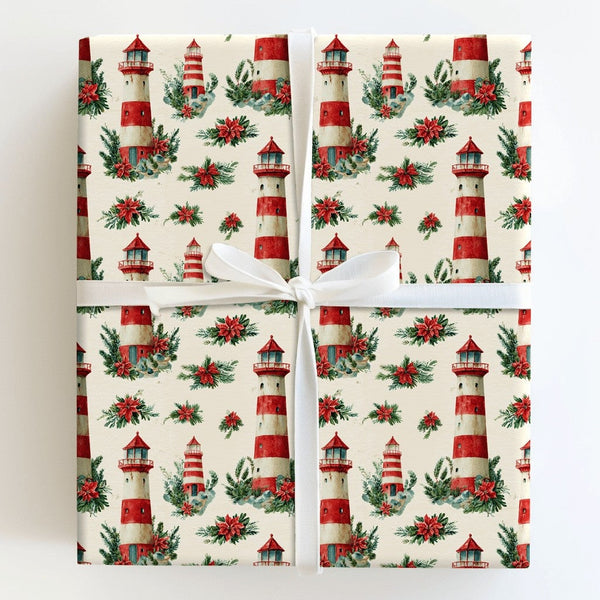 Poinsettia Nautical Holiday Gift Wrap, Coastal Lighthouse Christmas Wrapping Paper, Beach Christmas Wrapping Paper, Gift Wrap