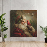 Vintage Christmas Oil Painting Canvas, Santa and Cardinal Square Canvas, Stretched Canvas Wall Art, Holiday Wall Decor, Christmas Lover Present