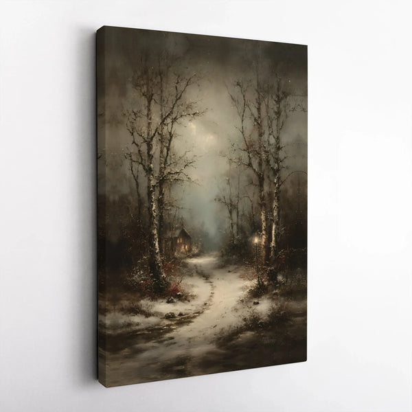 Snowy Cabin Night Landscape Print, Winter Forest Canvas Wall Art, Moody Rustic Path Poster, Christmas Home Decor Digital Down
