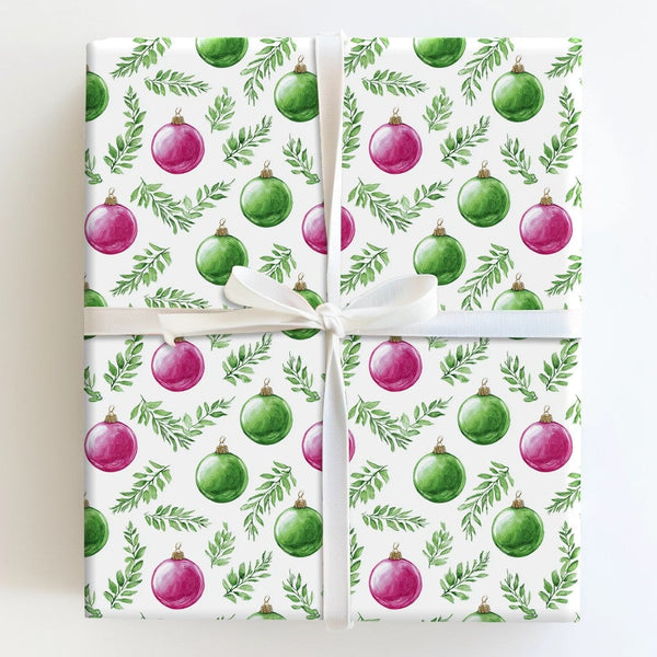 Christmas Bauble Wrapping Paper, Watercolor Pink and Green Ornament Wrapping Paper, Botanical Holiday Wrapping Paper, Festive