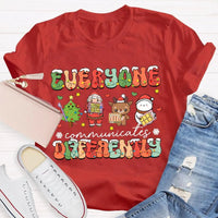 Festive Lights Neurodiversity Tee, Everyone Communicates Differently Christmas Shirt, SPED Teacher Holiday T-Shirt, ASL Xmas Present