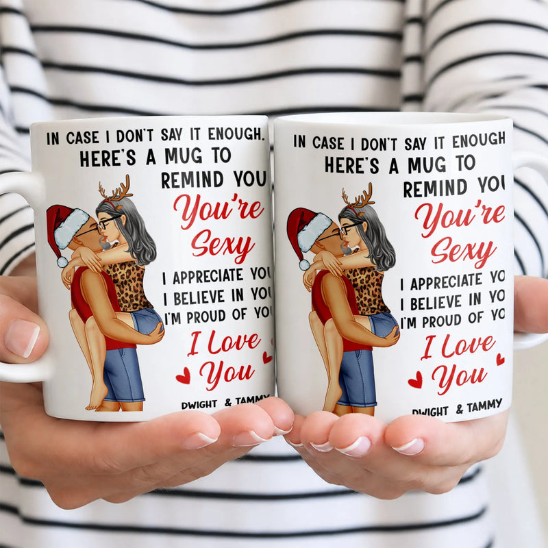 Santa and Reindeer Kissing Couple Coffee Mug, You're Sexy I Love You Christmas Mug, Humorous Romantic Xmas Ceramic Cup, Holiday Present