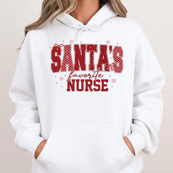 Festive Plaid Christmas Nurse Sweatshirt, Santa's Favorite Nurse Hoodie, Adorable RN Holiday Hooded Pullover, Humorous Nurse 