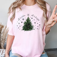 Watercolor Christmas Tree Graphic Tee, All Is Calm All Is Bright Shirt, Minimalist Holiday T-Shirt, Winter Tree Xmas Shirt, Holiday Present Tee