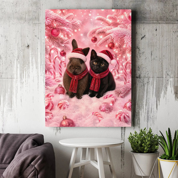 Santa Hat Pets in Candy Cane Wonderland, Christmas Bunny and Black Cat Canvas Print, Holiday Wall Art, Present for Cat and Ra