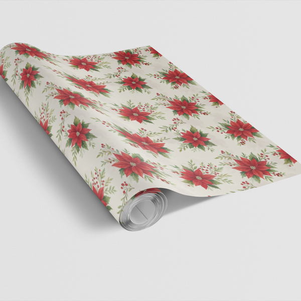 Floral Holiday Gift Wrap Roll, Poinsettia Christmas Wrapping Paper, Botanical Winter Gift Wrap, Elegant Festive Floral Wrappi