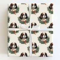 Vintage Spaniel Wreath Gift Wrap, Cavalier King Charles Wrapping Paper, Adorable Dog Christmas Wrapping Paper, Holiday Pet Gift Wrapping Paper