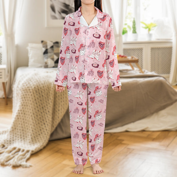 Western Santa Satin Pajama Set, Ho Ho Howdy Christmas Cowgirl Pajamas, Retro Country Holiday Pajama Set, Cowboy Loungewear, P