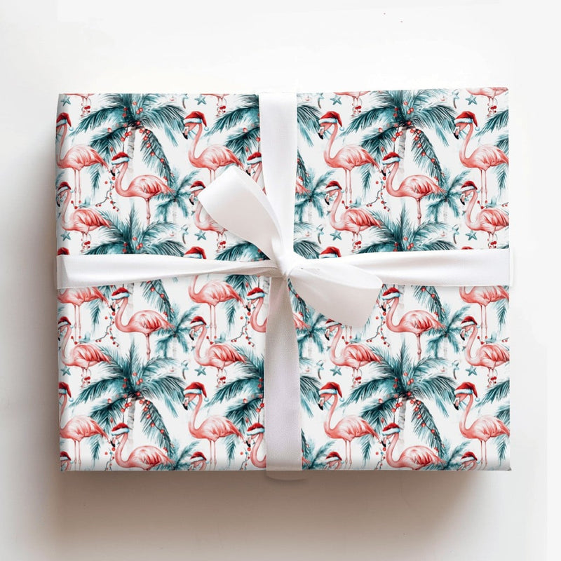 Tropical Palm Tree Gift Wrap, Pink Flamingo Christmas Wrapping Paper, Coastal Holiday Wrapping Paper, Festive Summer Xmas Gift Wrap