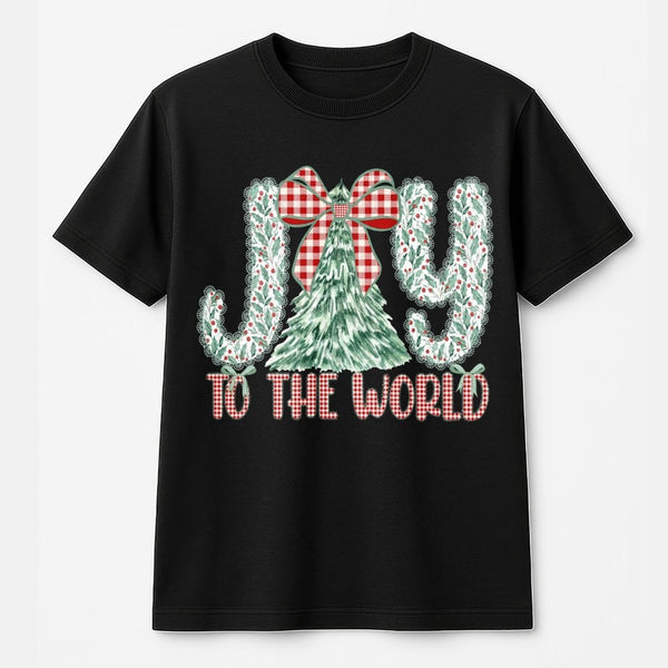 Plaid Christmas Tree Shirt, Joy to the World T-Shirt, Christian Holiday Graphic Tee, Festive Xmas Tree T-Shirt, Family Holida