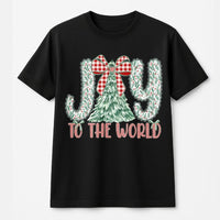 Plaid Christmas Tree Shirt, Joy to the World T-Shirt, Christian Holiday Graphic Tee, Festive Xmas Tree T-Shirt, Family Holiday Present Shirt