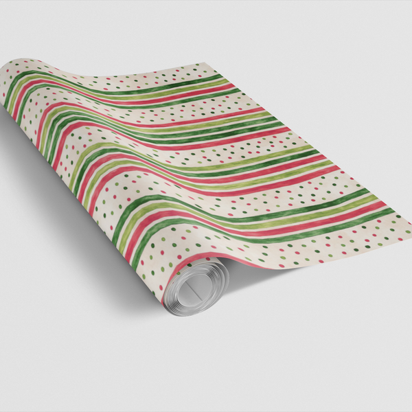 Holiday Dotted Line Gift Wrap, Red Green Striped Christmas Wrapping Paper, Festive Striped Christmas Paper, Winter Holiday Gi