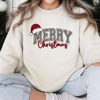 Leopard Print Santa Hat Holiday Crewneck, Merry Christmas Sweatshirt, Comfy Buffalo Plaid Xmas Sweater, Winter Holiday Pullover, Present for Her