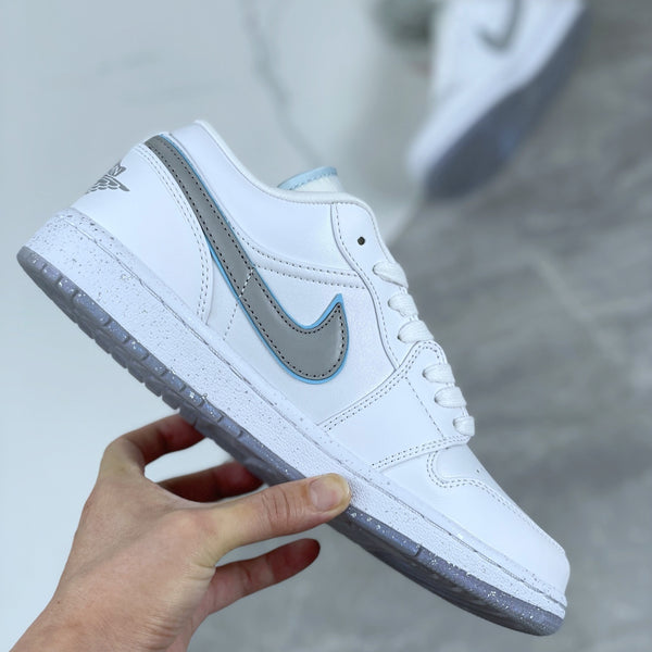 Low Top Sneakers, White Silver Colorway, Reflective Detail, Lace Up Design, Casual Gift for Sneaker Fans