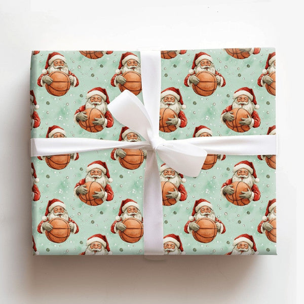 Sports Christmas Wrapping Paper, Basketball Santa Wrapping Paper, Mint Green Holiday Gift Wrap, Basketball Player Wrapping Pa