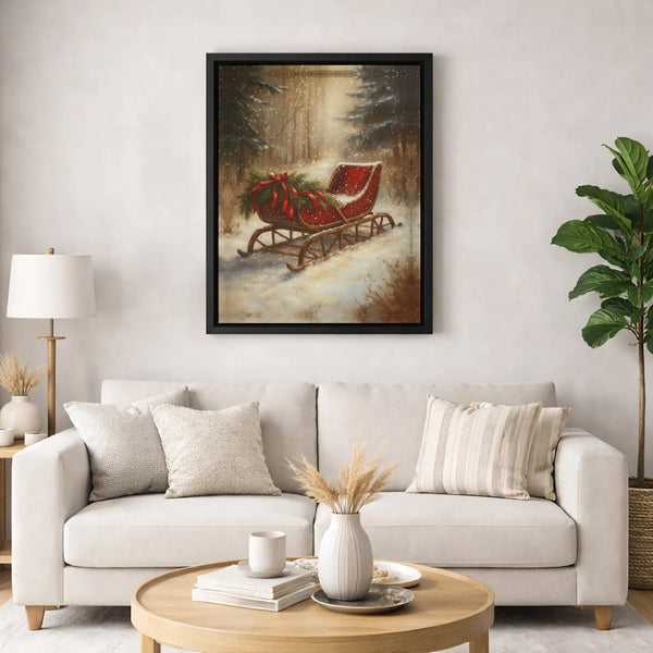 Snowy Forest Winter Canvas Art, Vintage Red Christmas Sleigh Canvas Print, Festive Holiday Canvas Wall Decor, Christmas Lands
