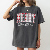 Retro Holiday Plaid Graphic Tee, Buffalo Plaid Merry Christmas T-Shirt, Festive Winter Season Shirt, Adorable Xmas Buffalo Check T-Shirt