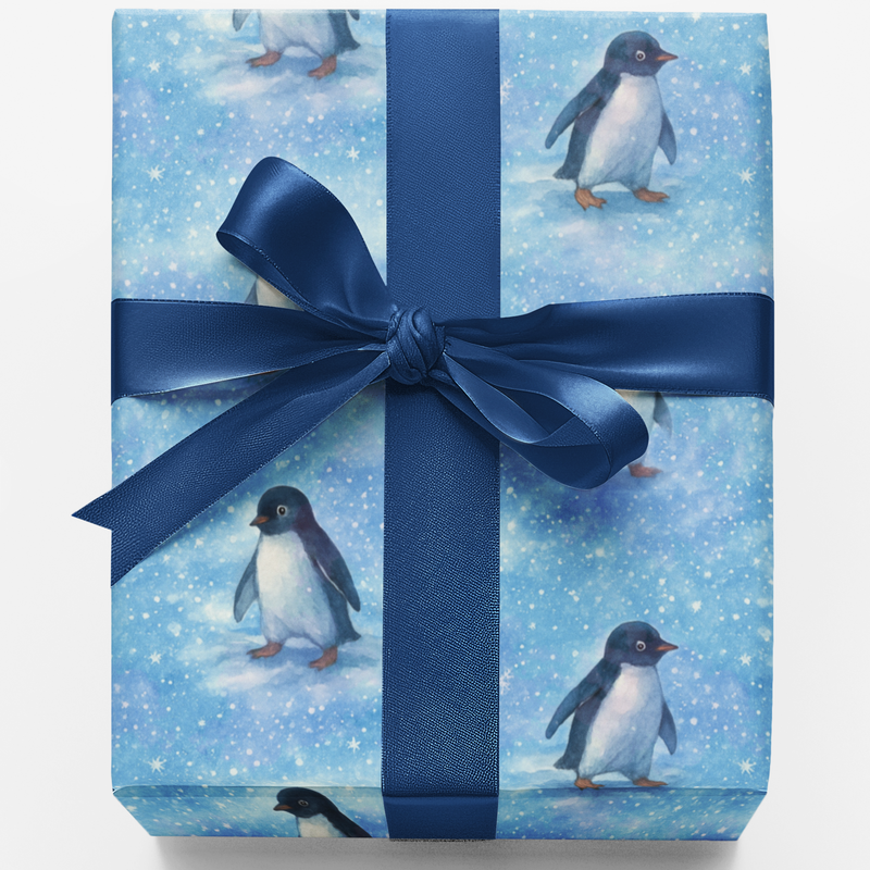 Snowfall Holiday Gift Wrap Roll, Winter Penguin Gift Wrapping Paper, Adorable Christmas Animal Wrapping Paper, Holiday Present Wrap
