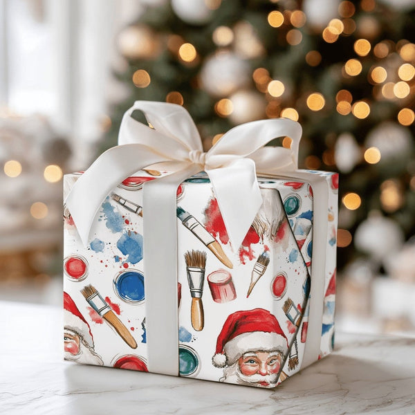 Watercolor Christmas Gift Wrap, Artist Santa Wrapping Paper, Paintbrush Holiday Wrapping Paper, Art Supplies Gift Wrap Roll