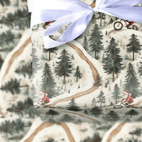 MTB Christmas Gift Wrap, Mountain Biking Santa Wrapping Paper, Snowy Forest Bike Holiday Wrapping Paper, Winter Sports Santa Gift Wrap