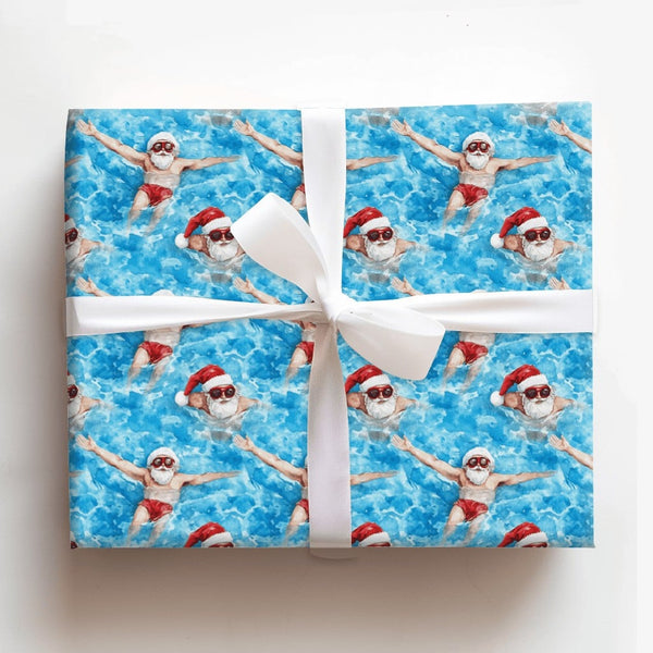 Tropical Pool Santa Gift Wrap, Swimming Santa Wrapping Paper, Humorous Christmas in July Wrapping Paper, Summer Holiday Prese