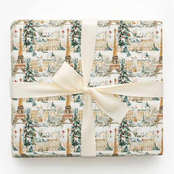 Snowy Eiffel Tower Gift Wrap, Paris Christmas Wrapping Paper, Watercolor Paris Holiday Gift Wrap, Winter Cityscape Paper, Tra