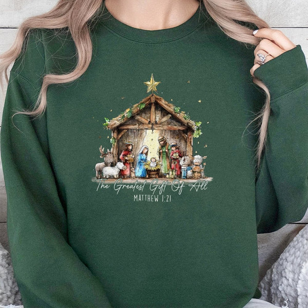 Greatest Present of All Crewneck, Nativity Scene Sweatshirt, Christian Christmas Sweatshirt, Religious Xmas Pullover, Faith H