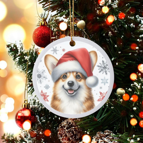 Santa Hat Dog Ceramic Ornament, Corgi Christmas Ornament, Personalized Dog Holiday Ornament, Puppy Xmas Tree Decor, Dog Lover
