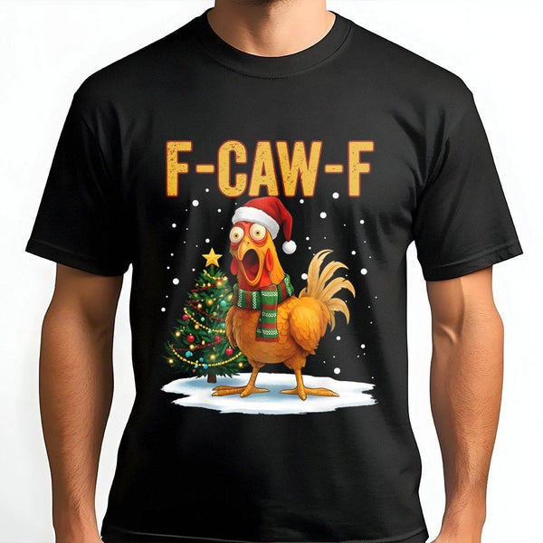 Santa Hat Rooster Graphic Shirt, Chicken F-Caw-F Christmas T-Shirt, Humorous Farm Holiday Pun Tee, Sarcastic Xmas Poultry T-S