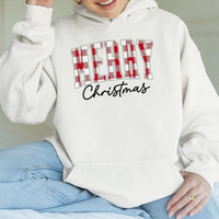 Red Buffalo Plaid Holiday Sweatshirt, Merry Christmas Hoodie, Comfy Winter Xmas Hooded Sweater, Festive Merry Bright Pullover