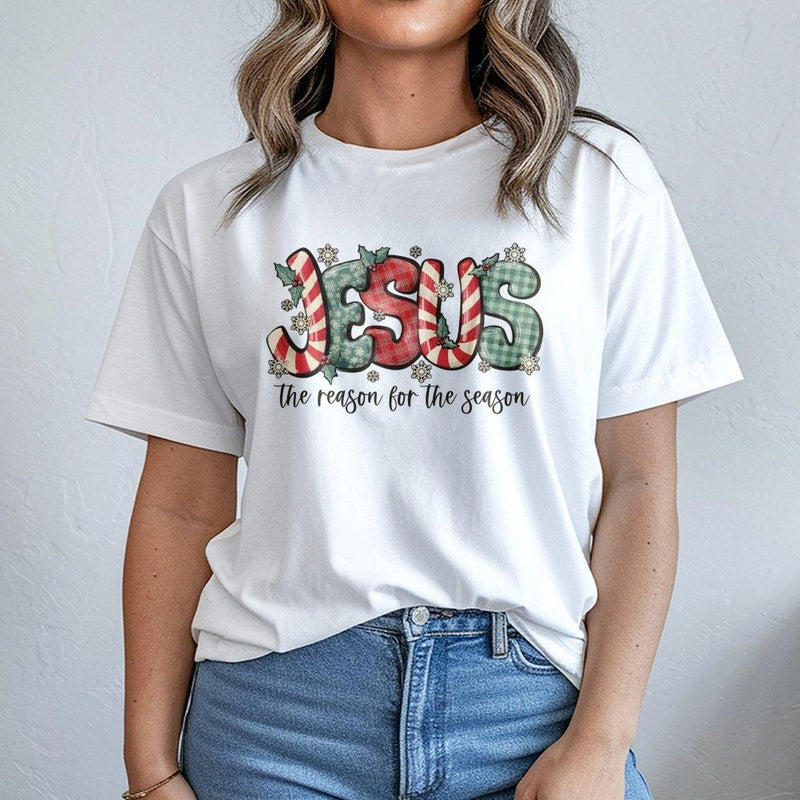 Plaid Candy Cane Christmas Shirt, Jesus the Reason for the Season T-Shirt, Christian Holiday Graphic Tee, Religious Faith Xmas Top
