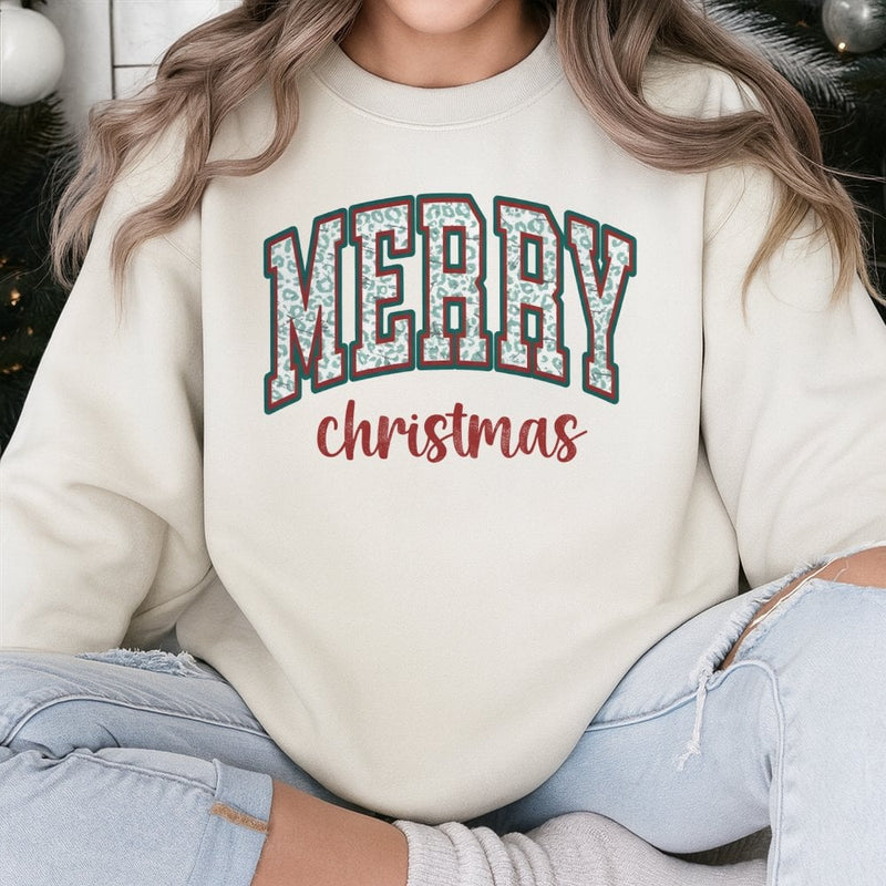 Leopard Print Christmas Sweater, Merry Christmas Sweatshirt, Retro Xmas Tree Crewneck Pullover, Festive Holiday Present for Her