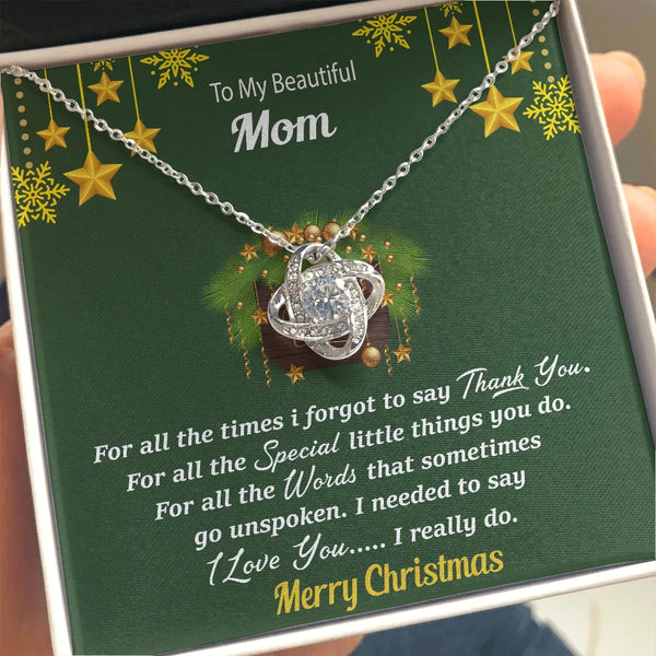 Christmas Love Knot Necklace, Love Knot Necklace for Mom, Sentimental Mother Necklace, Holiday Message Card Jewelry, 14k Whit