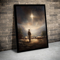 Holy Night Christian Canvas Wall Art, Nativity Shepherd Under Star of Bethlehem Canvas Print, Religious Christmas Manger Wall Decor Present