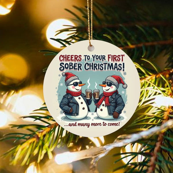 Snowman Coffee Toast Recovery Ornament, First Sober Christmas Ornament, Ceramic Sobriety Keepsake Ornament, Clean and Sober H