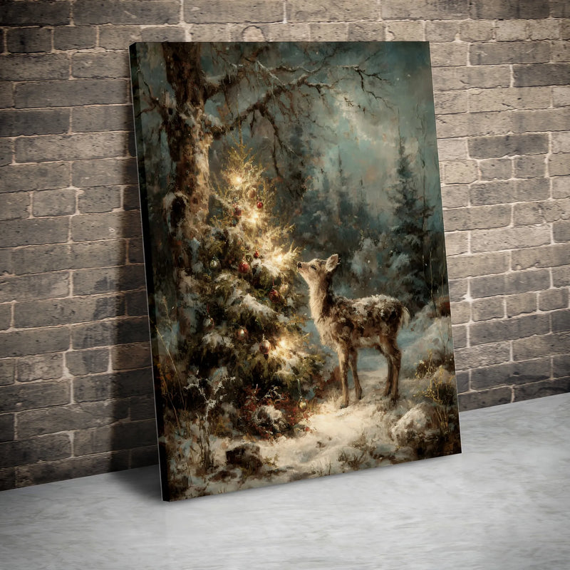 Snowy Forest Fawn Poster, Christmas Deer Wall Art, Lit Tree Winter Painting Print, Woodland Holiday Decor Printable, Deer Digital Download