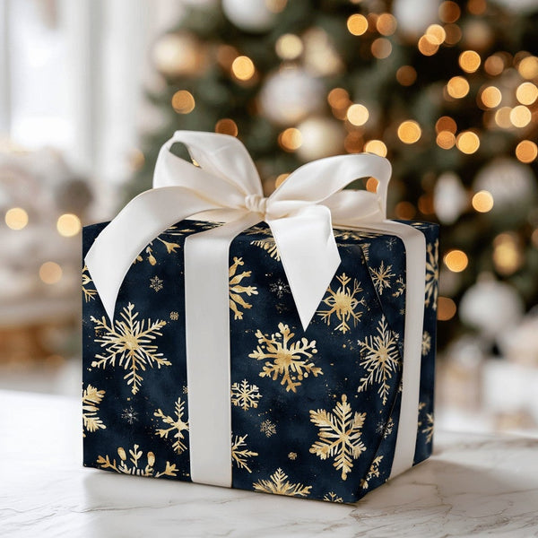 Navy Blue Winter Holiday Gift Wrap, Gold Snowflake Wrapping Paper, Luxury Snowflake Wrapping Paper, Elegant Christmas Present